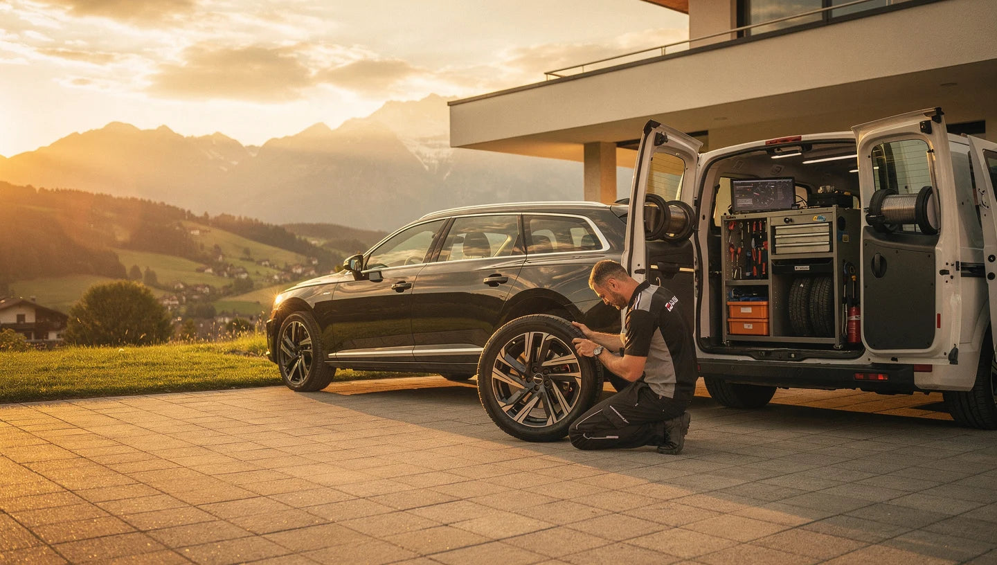 Technicien accroupi changeant un pneu sur SUV noir devant villa contemporaine, camionnette atelier mobile entièrement équipée ouverte avec outils et pneus, montagnes suisses majestueuses en arrière-plan