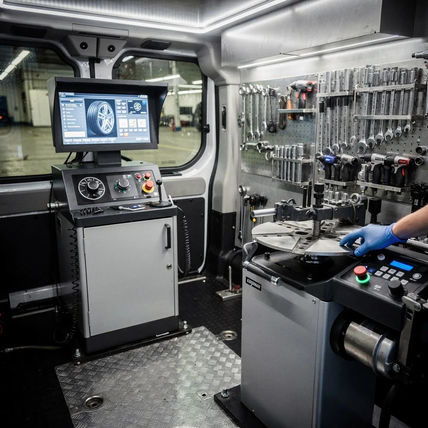 Aménagement professionnel complet d'un véhicule utilitaire de service pneumatique mobile avec machine à pneus, écran diagnostic, outillage organisé sur panneau perforé et équipements de montage embarqués