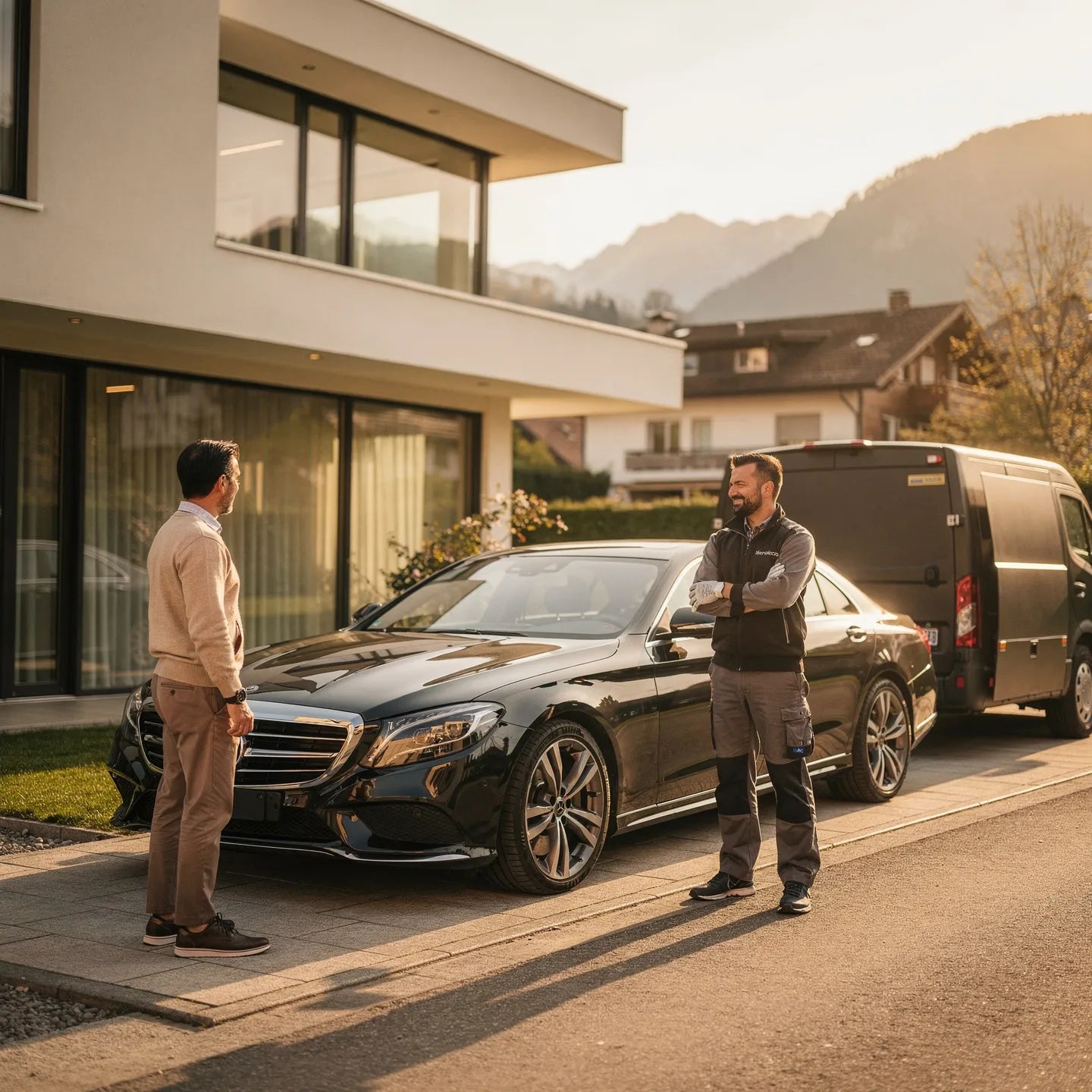 Technicien pneumatique souriant discutant avec un client devant sa Mercedes-Benz noire dans un quartier résidentiel suisse huppé, camionnette de service en arrière-plan, service premium à domicile
